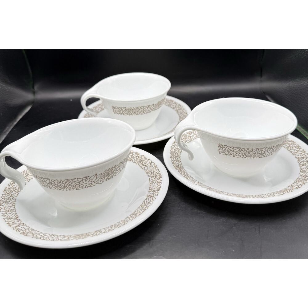 Vintage Corelle By Corning Brown Floral Rim Teacup & Saucer Set Of 3 1970s-1990s